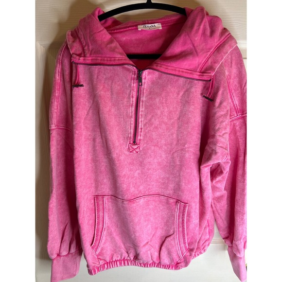Zenana‎ acid wash fleece half zip hoodie hot pink - Picture 4 of 6